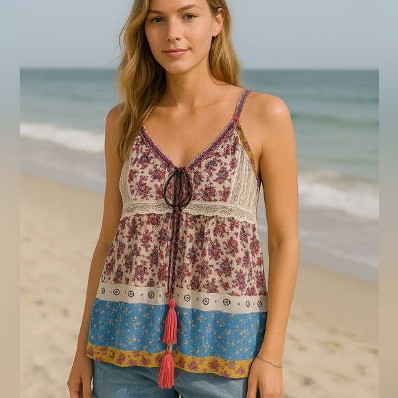 Anthropologie Lulumari Brand Mixed Media Colorful Lace Tassel Flowy Tank top - Picture 1 of 6